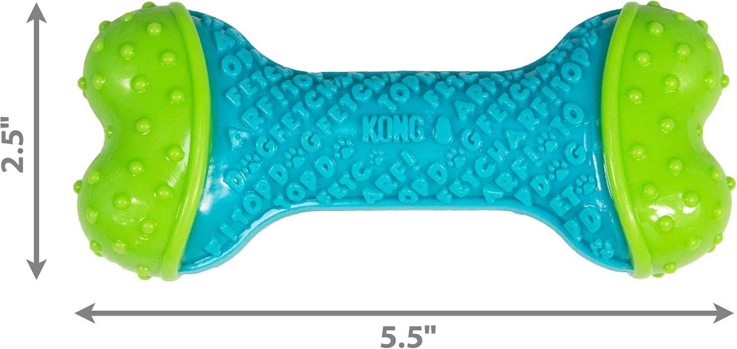 Blue and green KONG dog toy with measurements indicated at Pet Servo