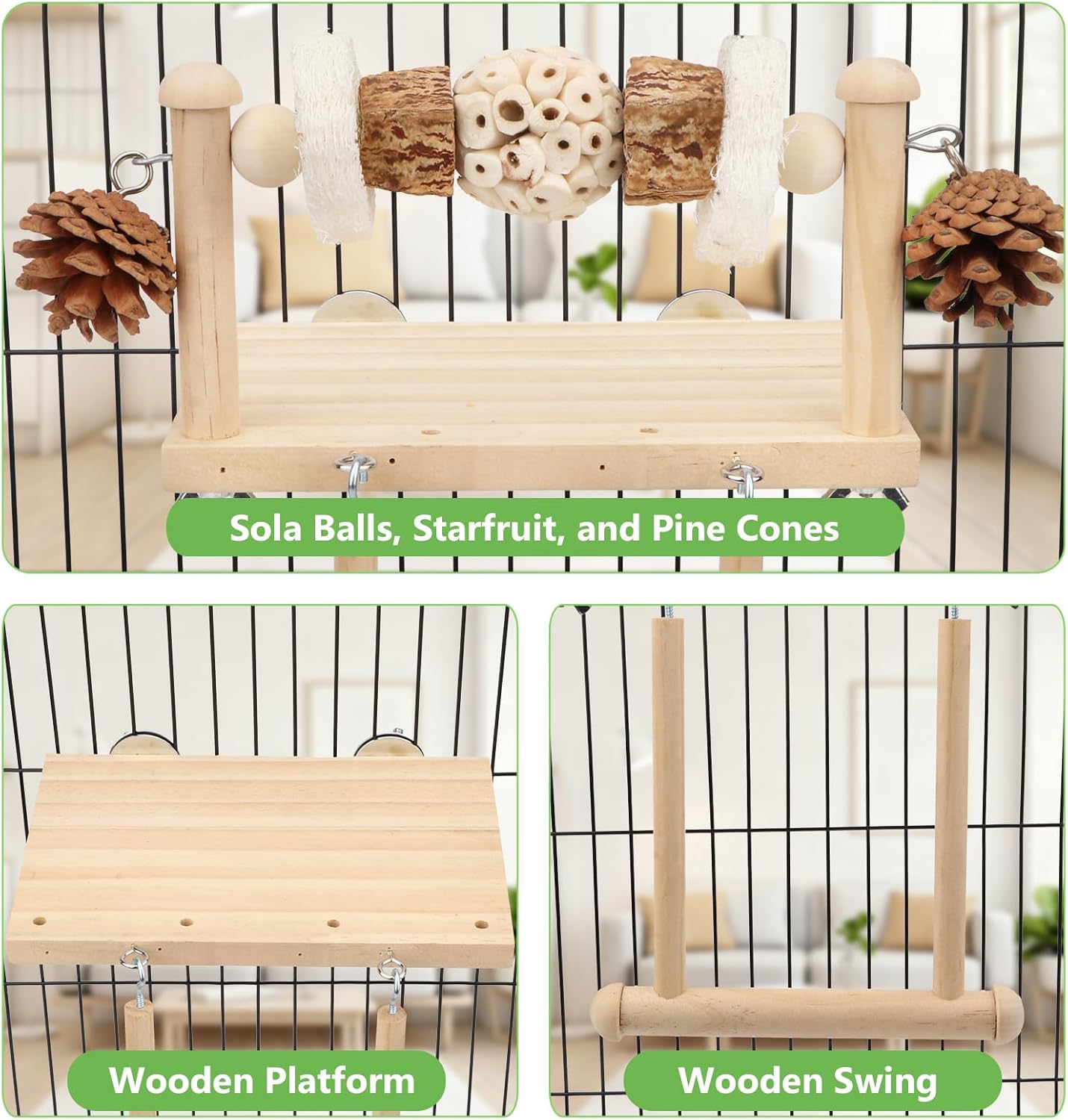 Wooden pet play set with sola balls, starfruit, pine cones, platform, and swing against a wire mesh background at Pet Servo