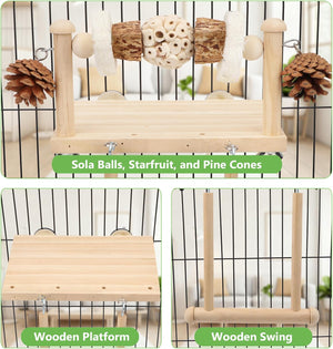 Wooden pet play set with sola balls, starfruit, pine cones, platform, and swing against a wire mesh background at Pet Servo
