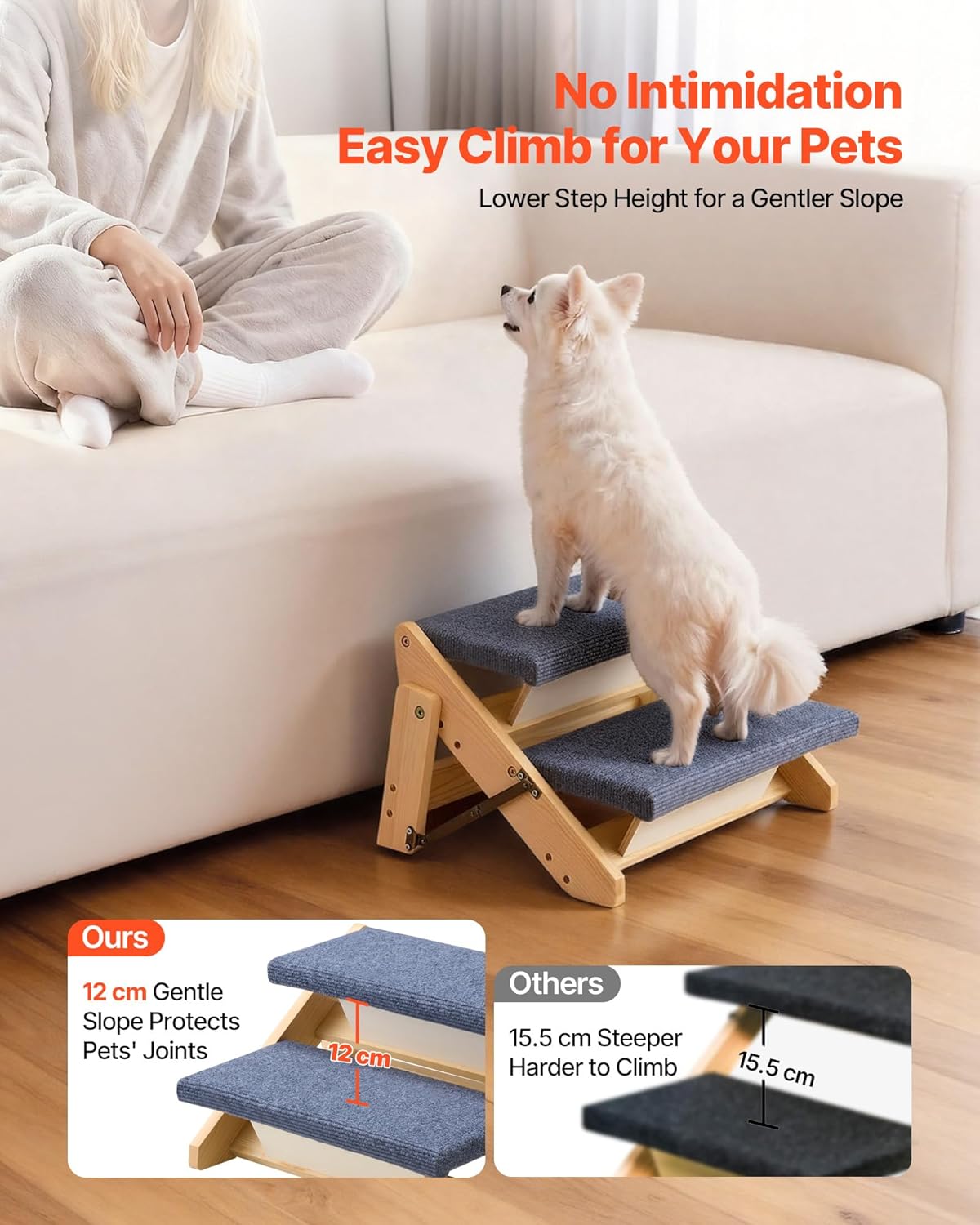 Pet step with a dog on it, showing ease of use and gentle slope for pets at Pet Servo