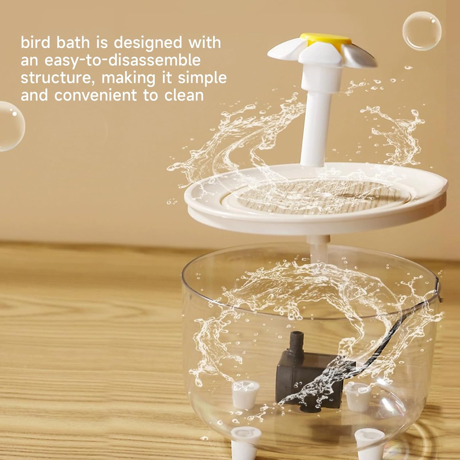 Bird bath with water splashes on a wooden surface, featuring text about its easy-to-disassemble design at Pet Servo