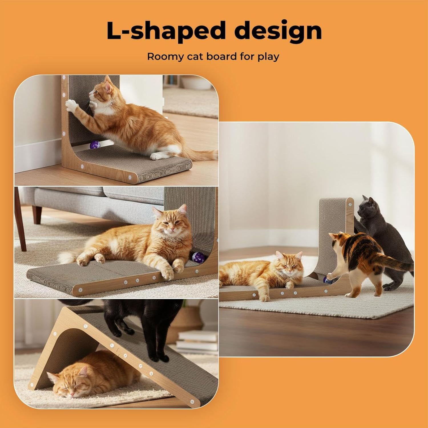 L-shaped cat play board with cats using it on an orange background at Pet Servo