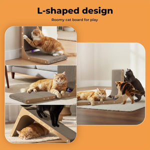 L-shaped cat play board with cats using it on an orange background at Pet Servo