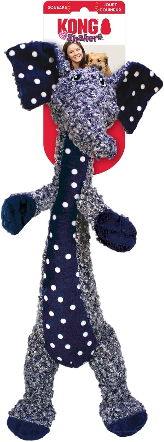 Kong Jolly Clown dog toy, featuring a plush, fuzzy gray and navy-blue clown body with white polka dots, complete with a red and white hanging packaging card at the top at Pet Servo