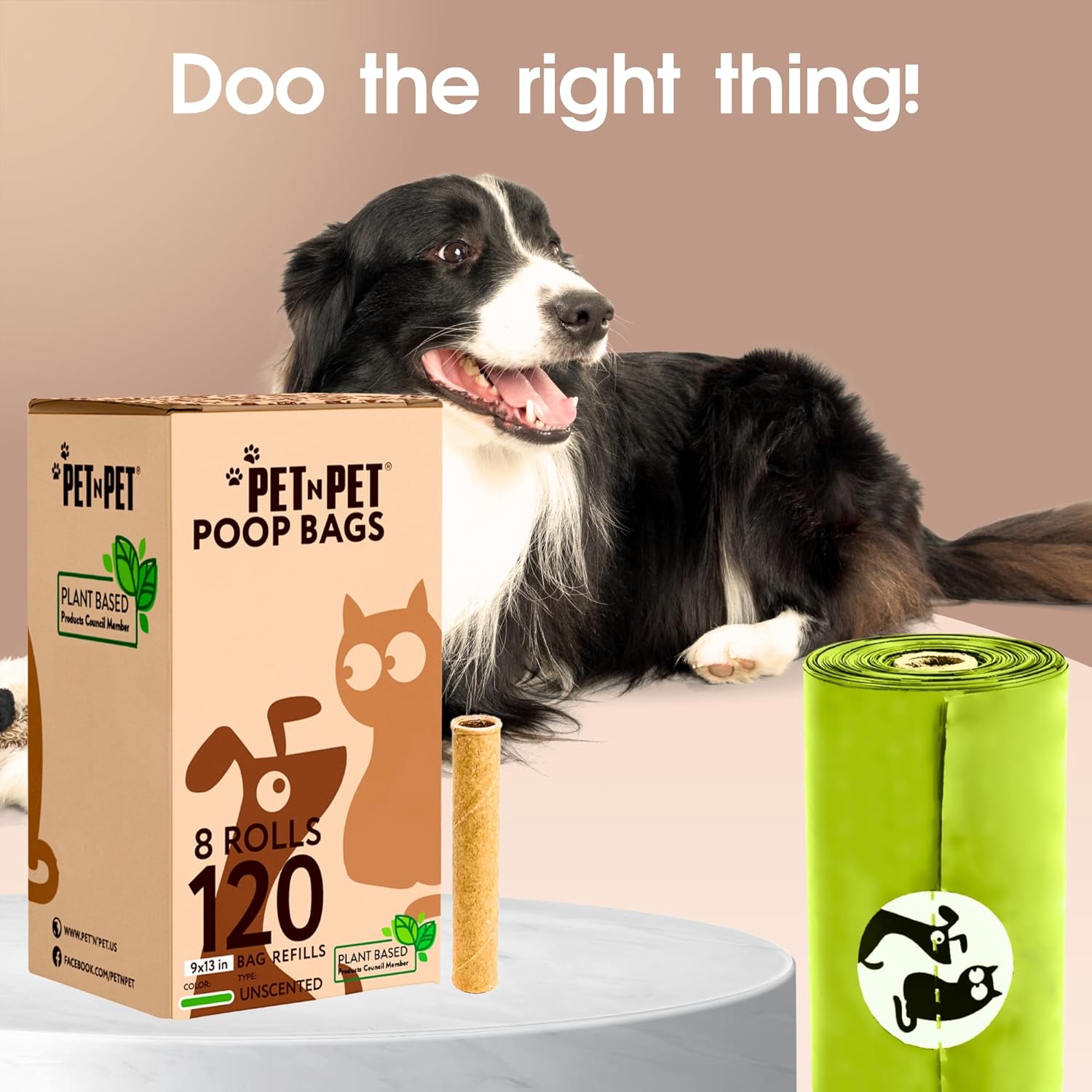 Dog with a box of pet poop bags and a roll of green bags on a beige background.