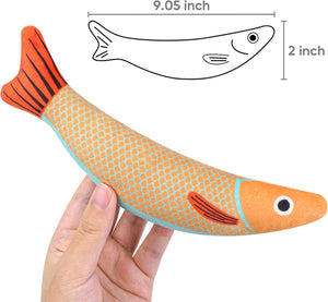 Fish-shaped toy held by a hand with measurements on a white background at Pet Servo