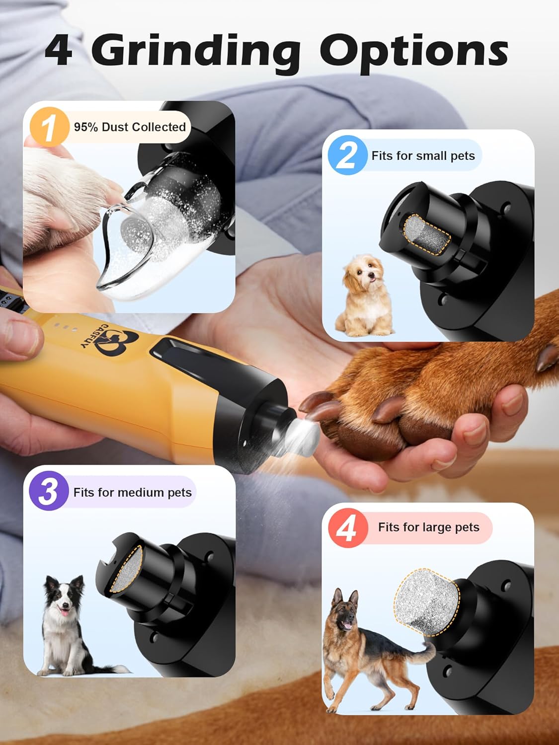 Pet nail grinder with different attachments for various pet sizes, shown in use at Pet Servo