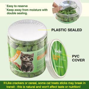 Container of cat treats with labels on plastic sealing and PVC cover at Pet Servo