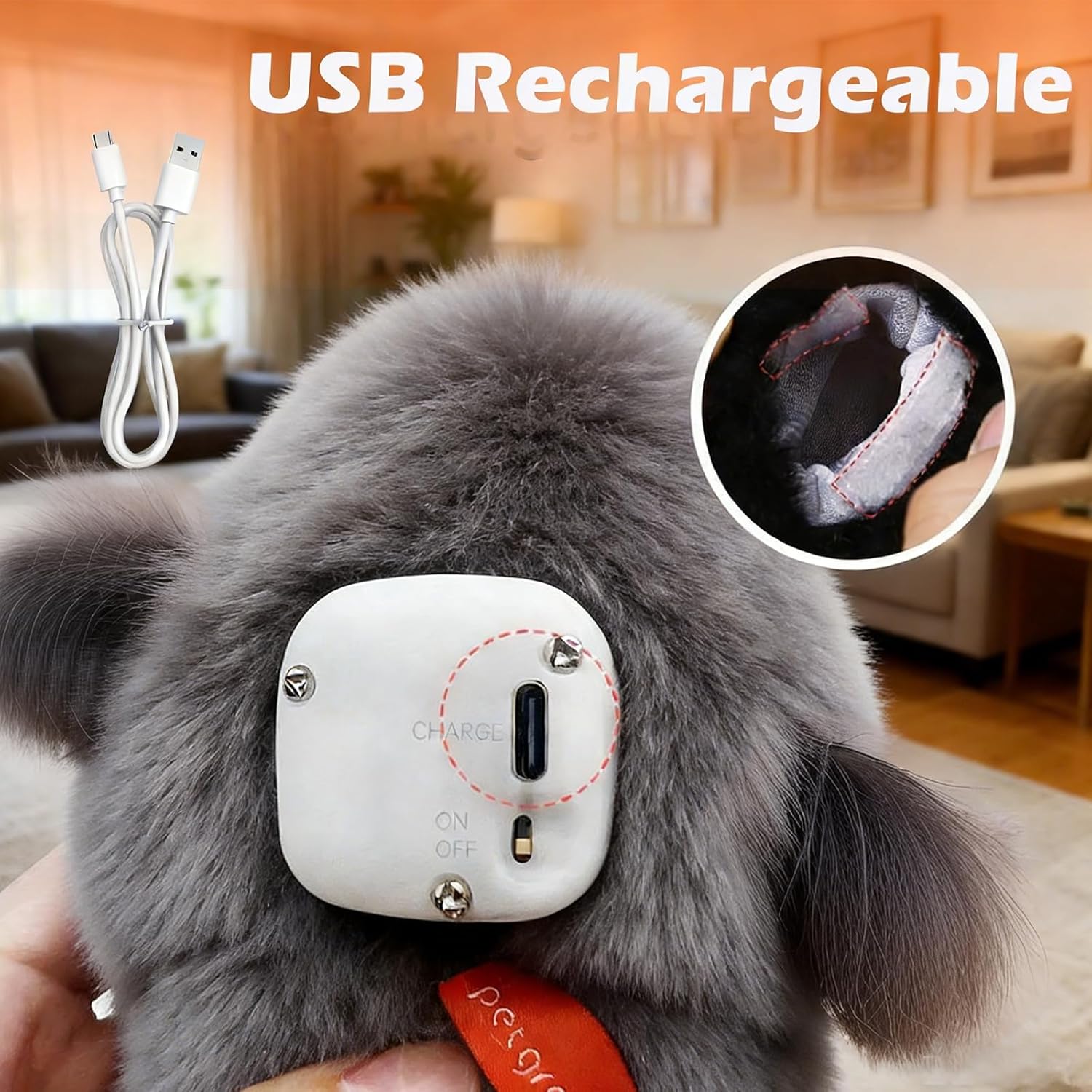Gray plush toy with USB charging port and cable, set against a blurred indoor background at Pet Servo