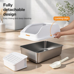 Pawz - 74.4L Anti-Urine Leakage Extra-Large Stainless-Steel Litter Box with Lid for Big Cats at Pet Servo