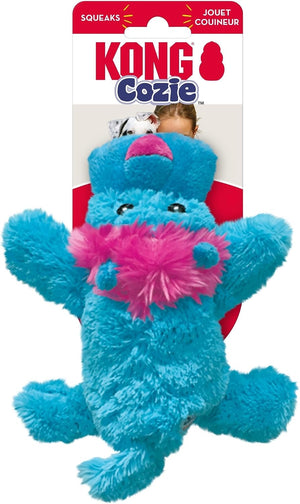 Kong Cozie squeaker toy in bright blue plush with a pink fuzzy collar, shown hanging from its retail card packaging against a white background at Pet Servo