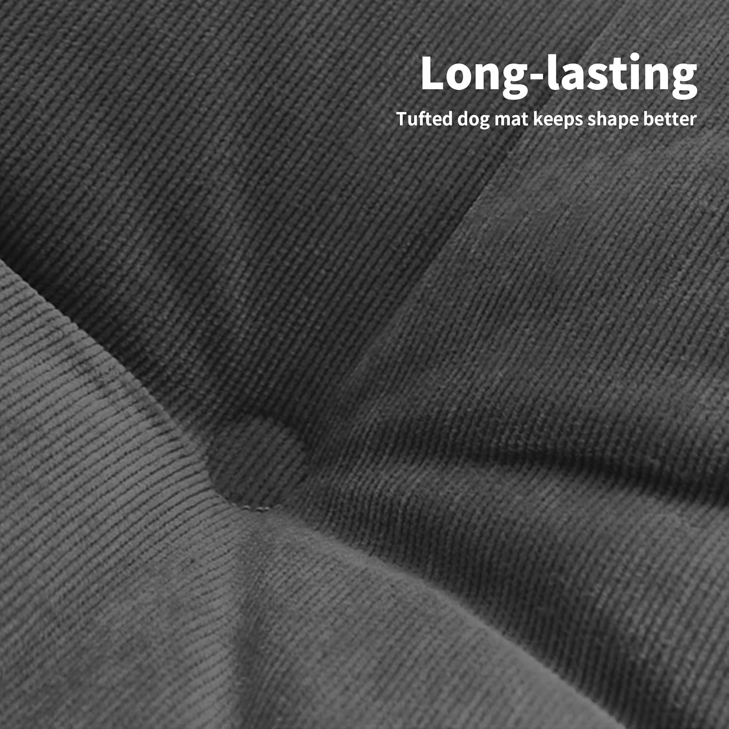 Close-up of a textured gray dog mat with text indicating its durability at Pet Servo