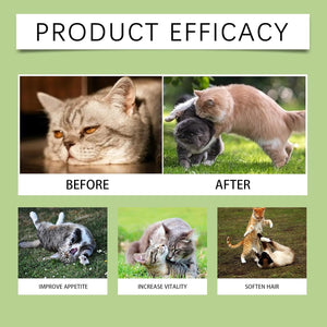 Before and after images of cats with text indicating product efficacy on a green background at Pet Servo