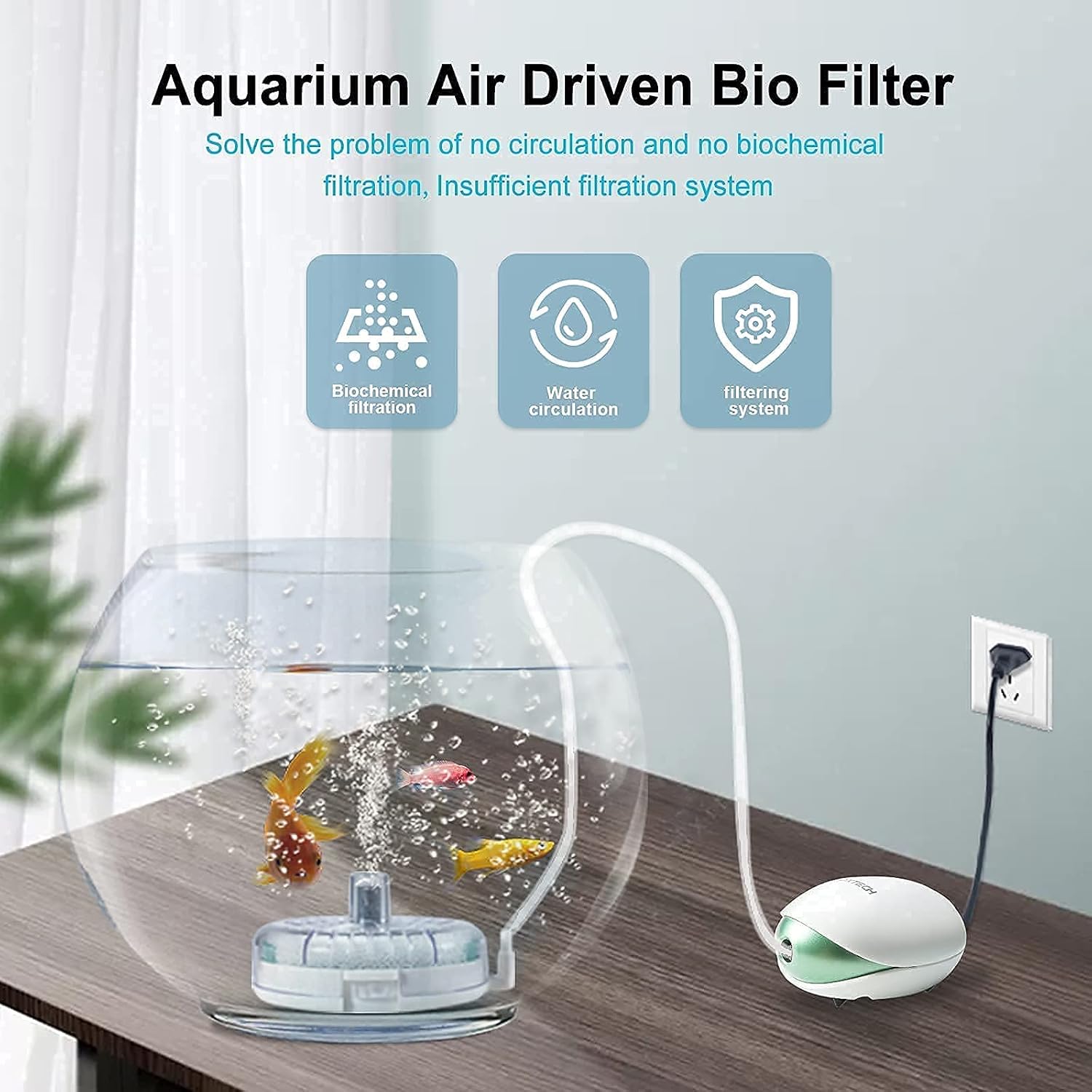 Aquarium air driven bio filter with fish in a tank on a wooden surface at Pet Servo