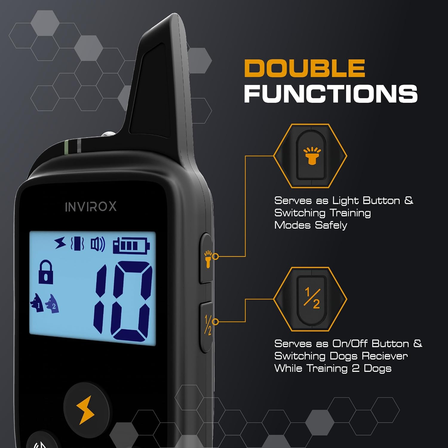 Invirox dog training device with digital display and text highlighting double functions on a dark background at Pet Servo