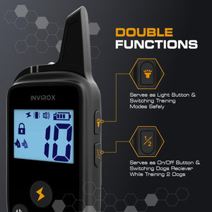 Invirox dog training device with digital display and text highlighting double functions on a dark background at Pet Servo