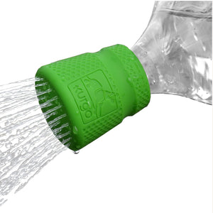Green silicone water bottle nozzle with a visible brand logo, spraying water at Pet Servo
