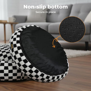 Black and white checkered pet bed with non-slip bottom feature in a living room setting at Pet Servo