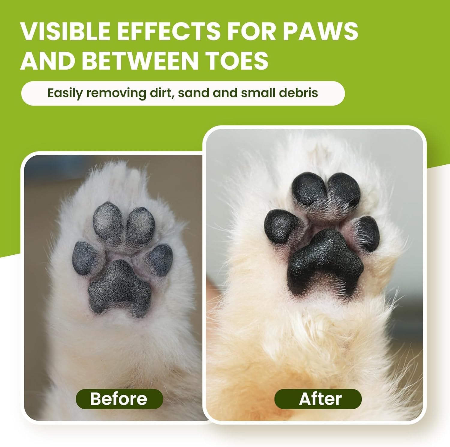 Before and after showing paw cleaning effects with a green background at Pet Servo