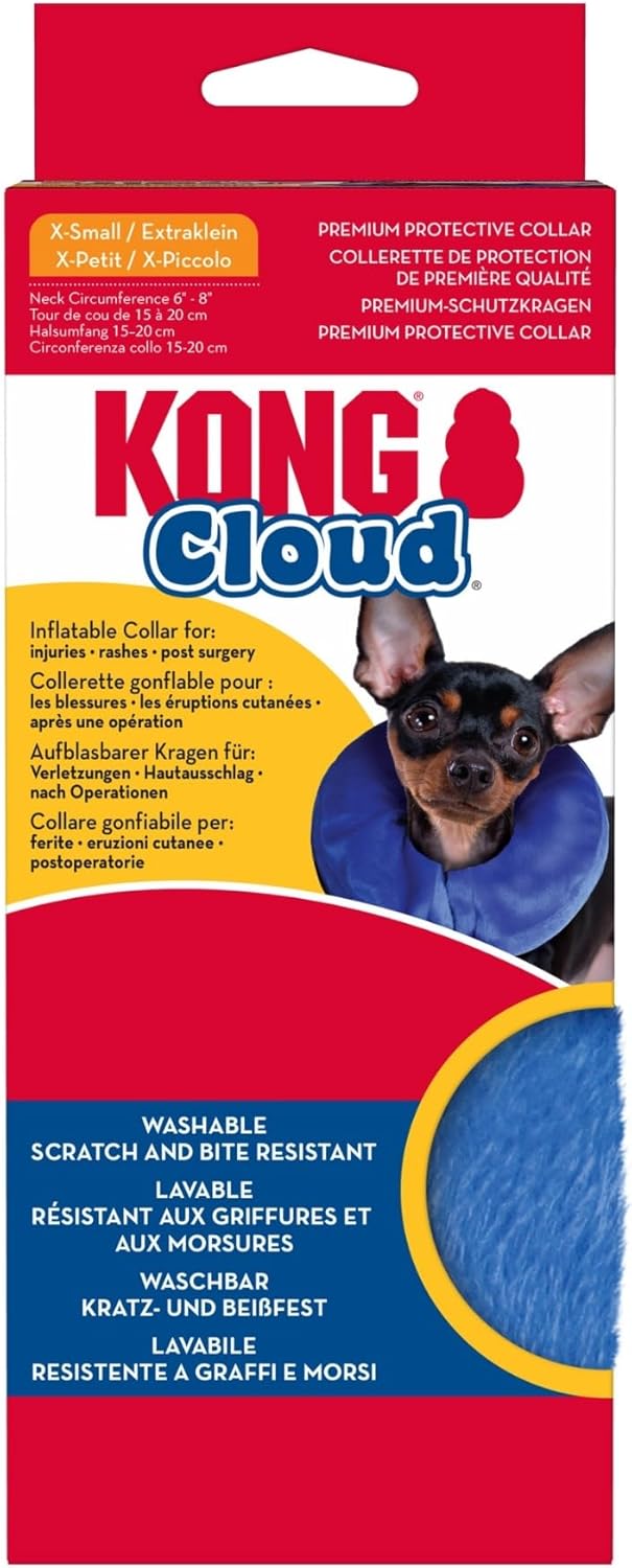 Kong Cloud Premium Protective Collar packaging in red, yellow, and blue, featuring product details and a photo of a dog wearing the collar at Pet Servo