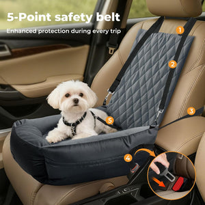 A small white dog sits in a dark gray quilted car seat booster seat installed on a beige car seat. The image includes text reading '5-Point safety belt' and 'Enhanced protection during every trip,' with numbered callouts pointing to the seat belt system and a circular inset showing the belt attachment at Pet Servo