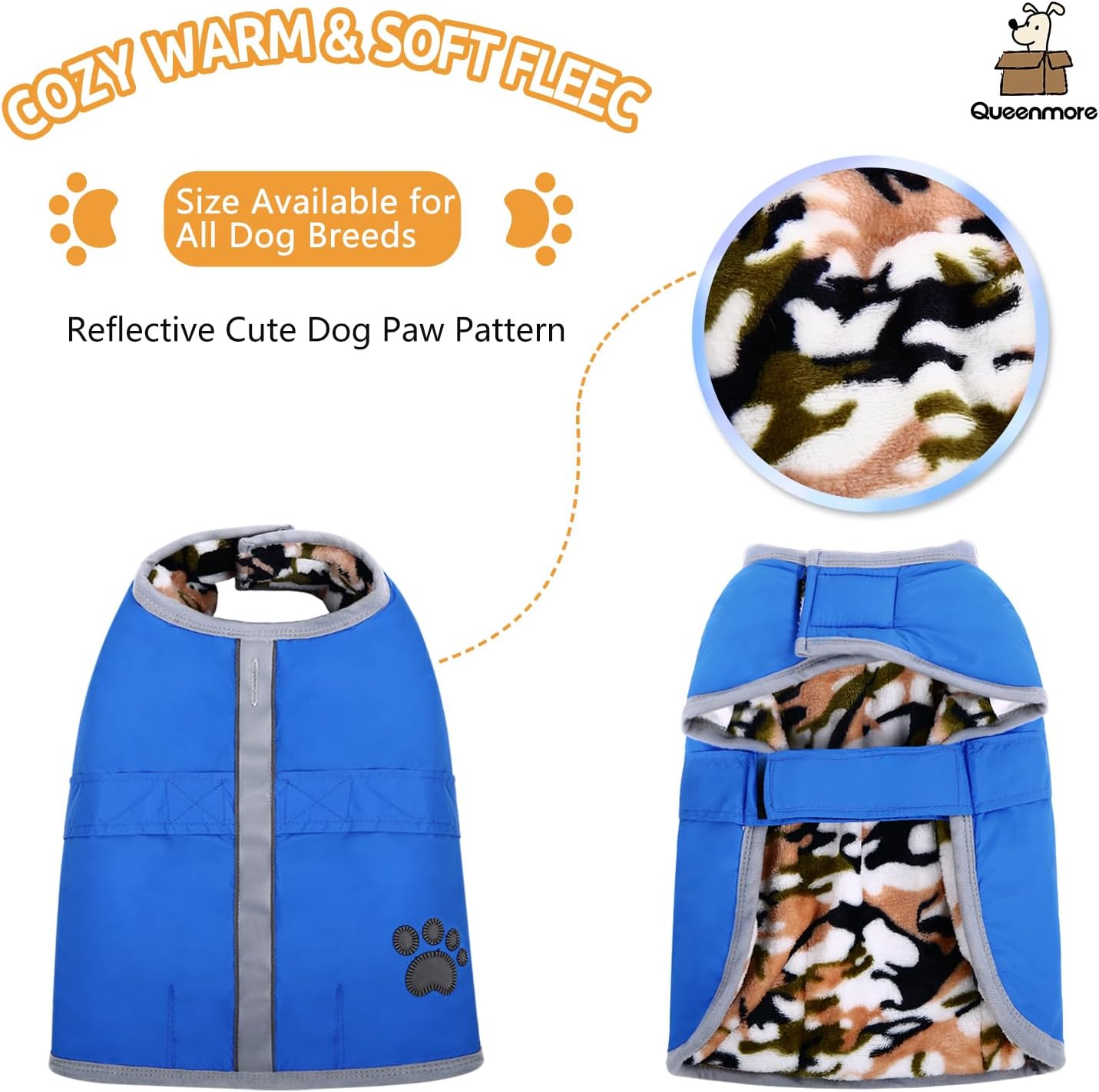 Blue dog coat with camouflage pattern and reflective paw design, featuring Queenmore branding at Pet Servo