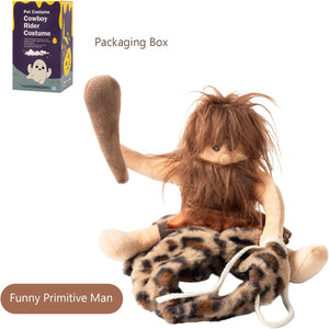 A plush pet costume set featuring a funny primitive man toy with brown faux fur, a leopard-print skirt, and a brown rock, shown alongside its packaging box on a white background.