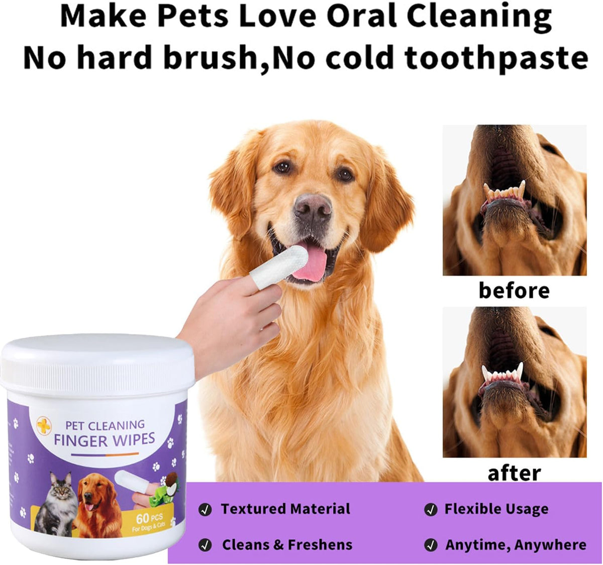Promotional graphic for pet cleaning finger wipes showing a golden retriever being wiped on the mouth, before/after tooth cleaning comparison photos, and a tub of pet cleaning wipes with a purple label at Pet Servo
