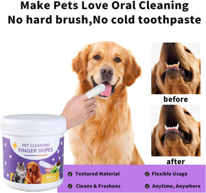 Promotional graphic for pet cleaning finger wipes showing a golden retriever being wiped on the mouth, before/after tooth cleaning comparison photos, and a tub of pet cleaning wipes with a purple label at Pet Servo