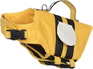 Yellow dog life jacket with black straps on a white background at Pet Servo