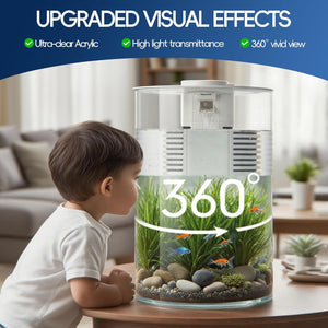 Child looking at a cylindrical aquarium with fish and plants on a table in a living room.