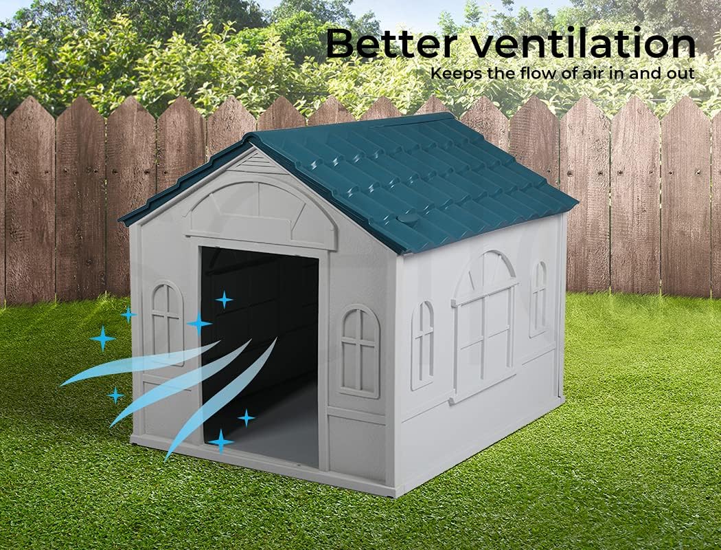 A white outdoor doghouse with a dark teal roof, shown on a green lawn in front of a wooden fence. The image includes text reading 'Better ventilation' and blue airflow graphics near the open doorway to illustrate improved airflow at Pet Servo