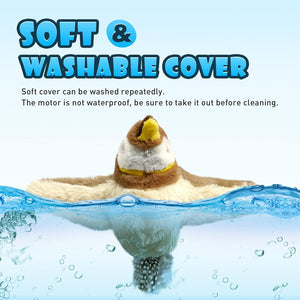 Penguin toy with a soft and washable cover, partially submerged in water at Pet Servo