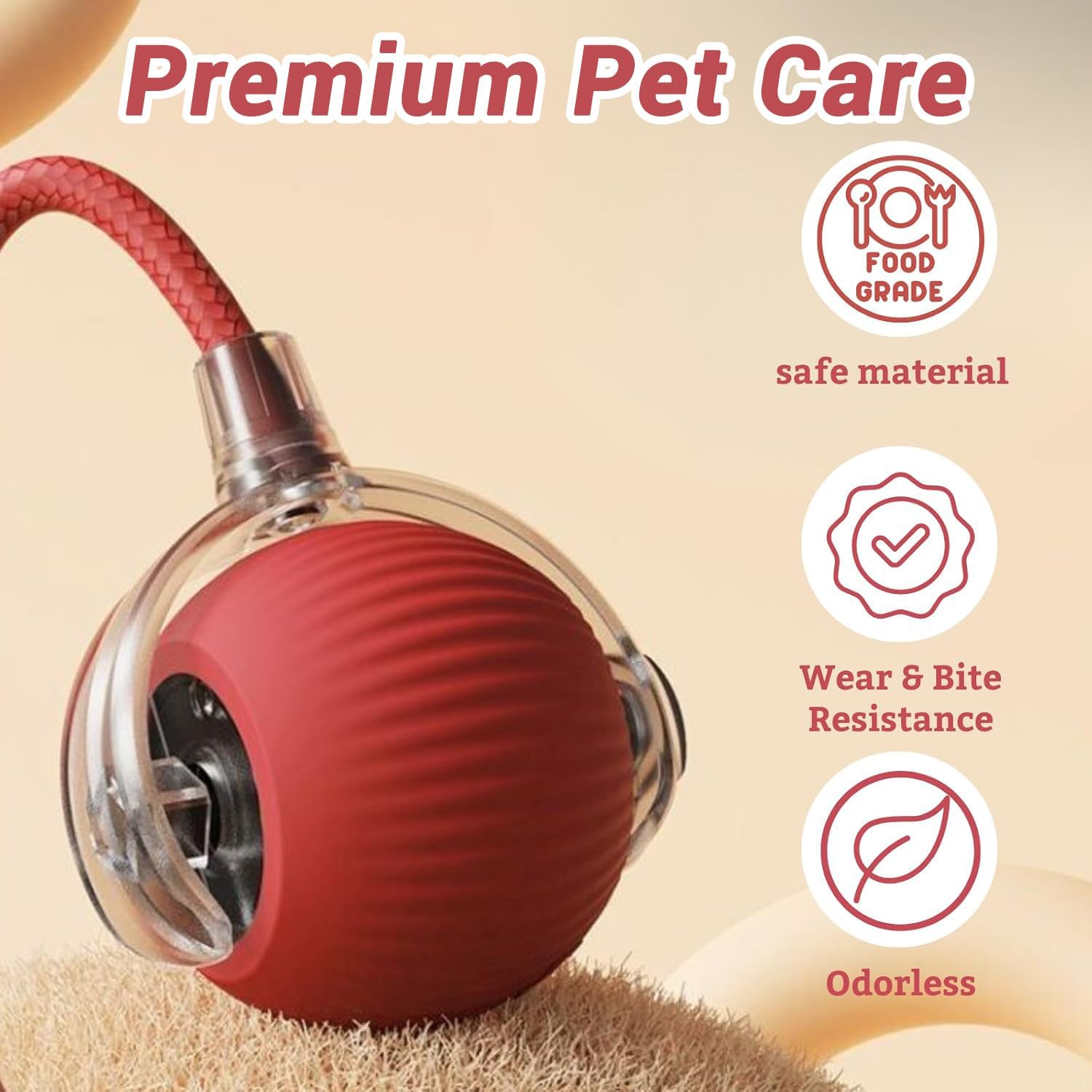 Red pet toy with features listed on a beige background at Pet Servo