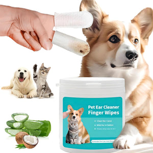 Pet ear cleaner finger wipes with a dog, cat, and aloe vera illustration on a white background at Pet Servo
