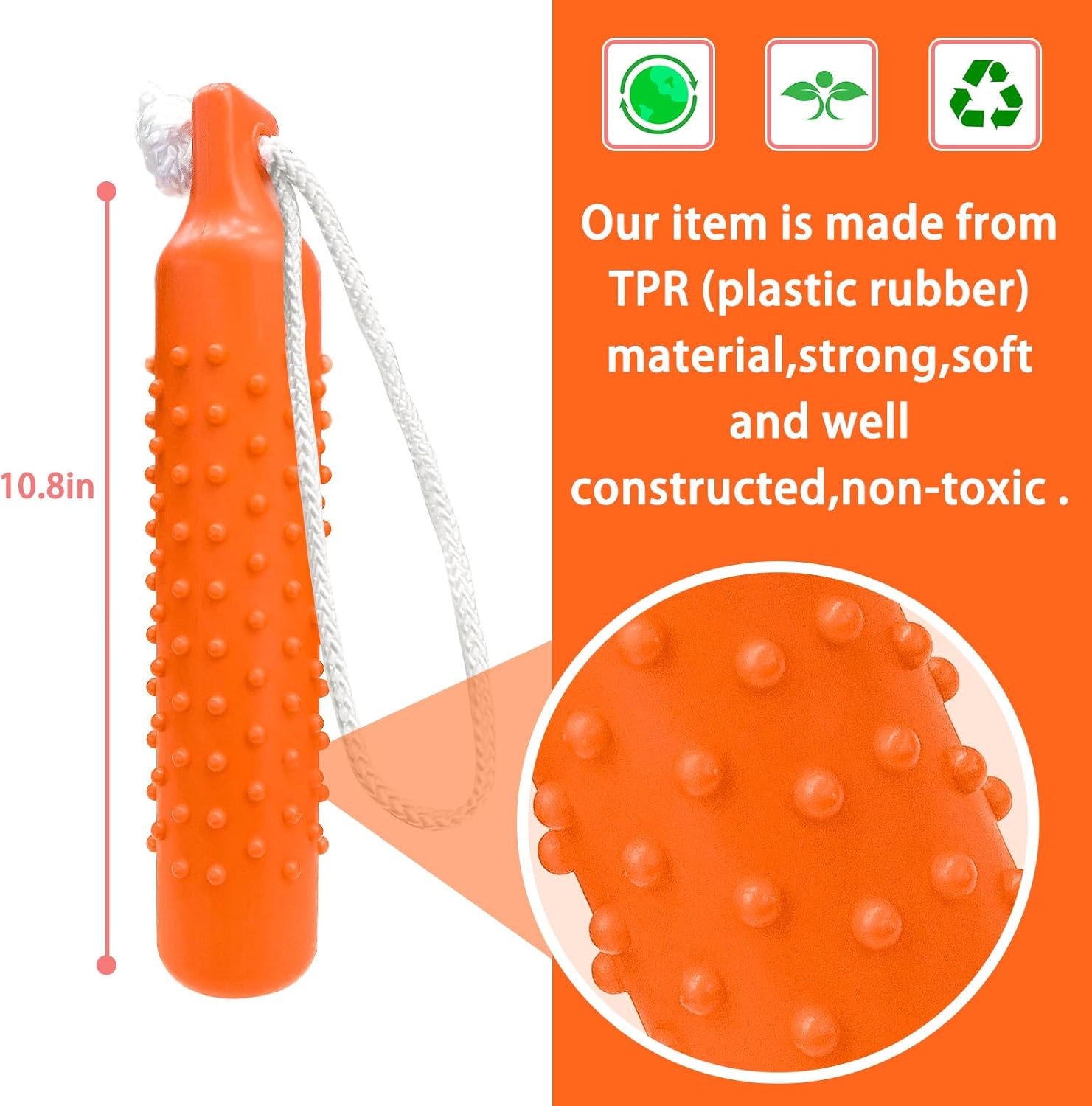 Orange textured toy with a rope, labeled as made from TPR material, on an orange background at Pet Servo