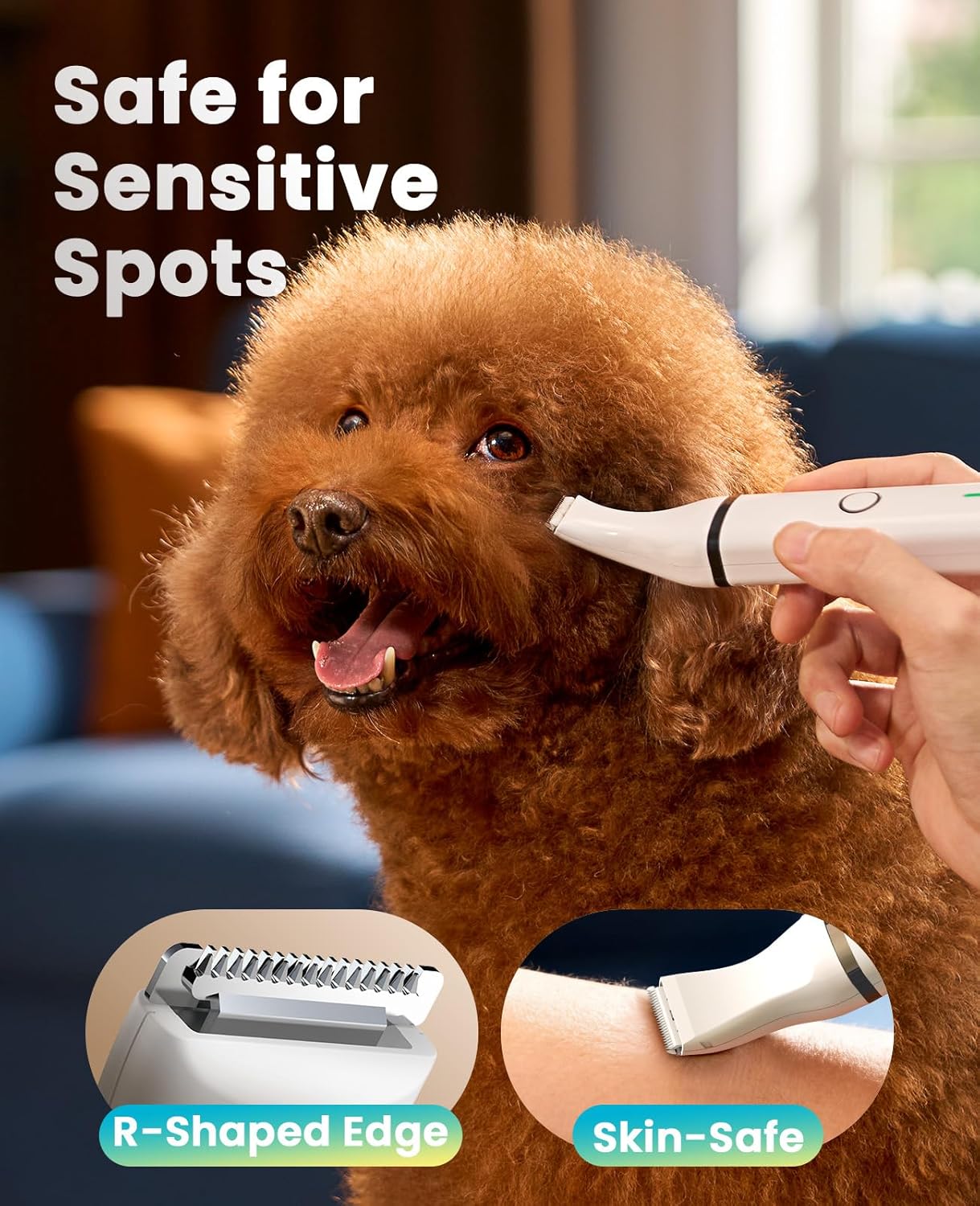 Dog being groomed with a grooming tool, emphasizing 'Safe for Sensitive Spots' and 'R-Shaped Edge Skin-Safe' features at Pet Servo