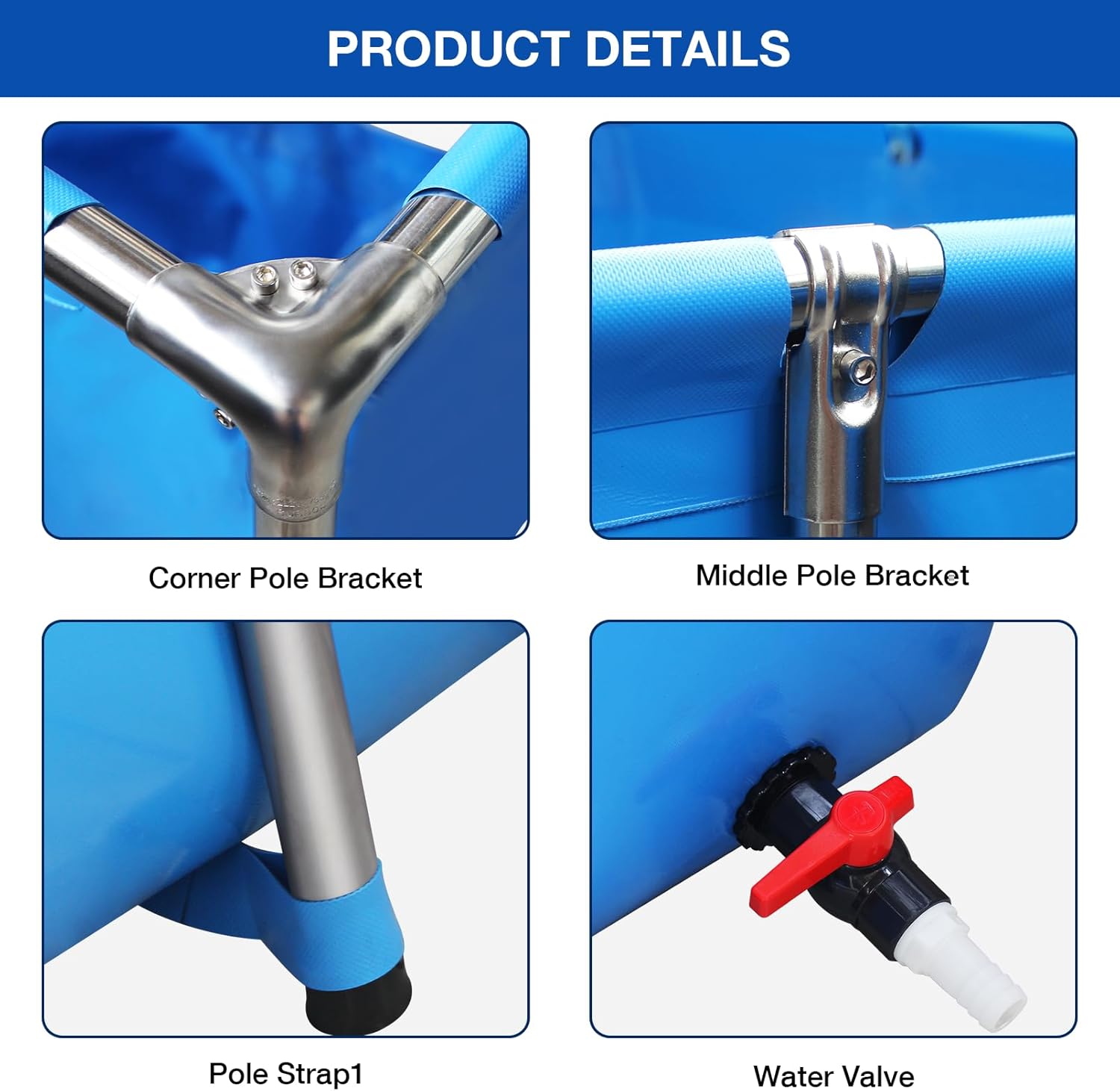 Product details of a blue inflatable pool with metal brackets and water valve at Pet Servo