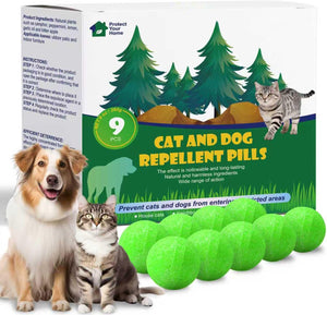 Cat and dog repellent pills with packaging featuring trees and a cat and dog illustration at Pet Servo