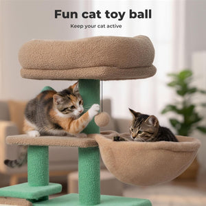 Cat toy structure with two cats interacting, text 'Fun cat toy ball' and 'Keep your cat active' at Pet Servo