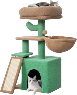 Green and beige cat tree with two cats on a white background at Pet Servo