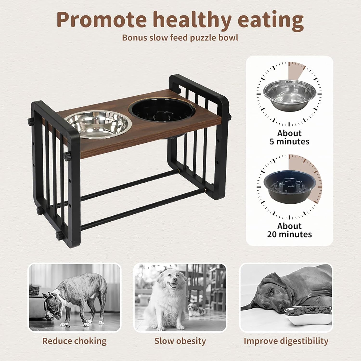 An elevated pet feeder stand with two bowls, one stainless steel and one black slow feeder bowl, shown on a beige background with marketing text and benefit icons. The text reads 'Promote healthy eating' and includes images of dogs and a cat eating, with labels for reduced choking, slow obesity, and improved digestibility at Pet Servo