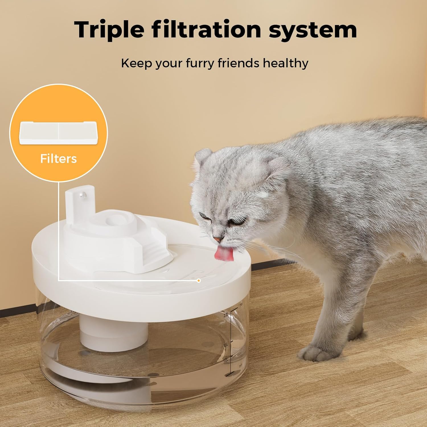 A gray cat drinks from a white and clear pet water fountain on a wood floor, with text reading 'Triple filtration system' and a circular inset showing the filter at Pet Servo