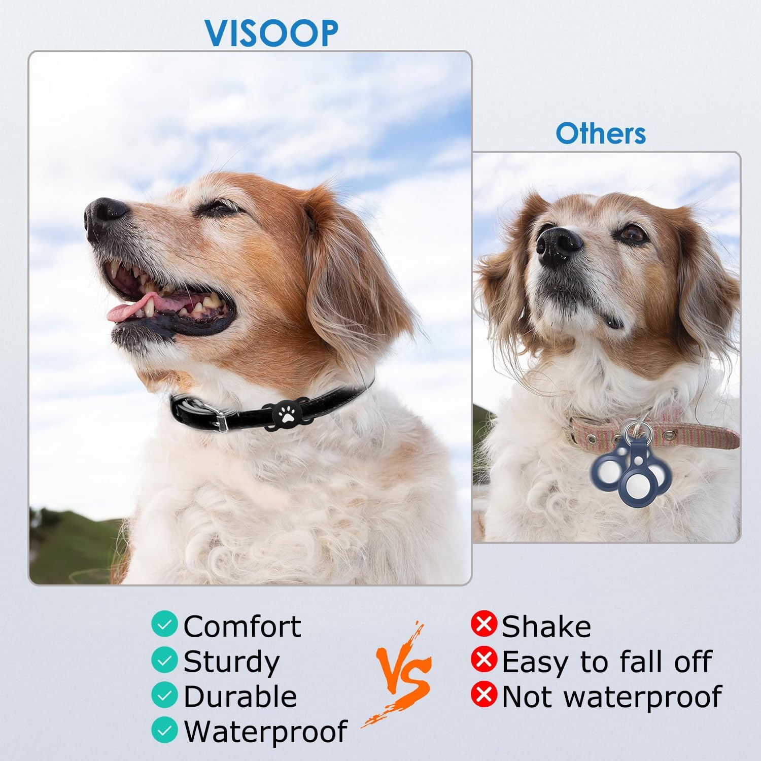 Comparison of a dog wearing a black collar with paw design and another wearing a pink collar with paw design, labeled 'Visoop' and 'Others' at Pet Servo