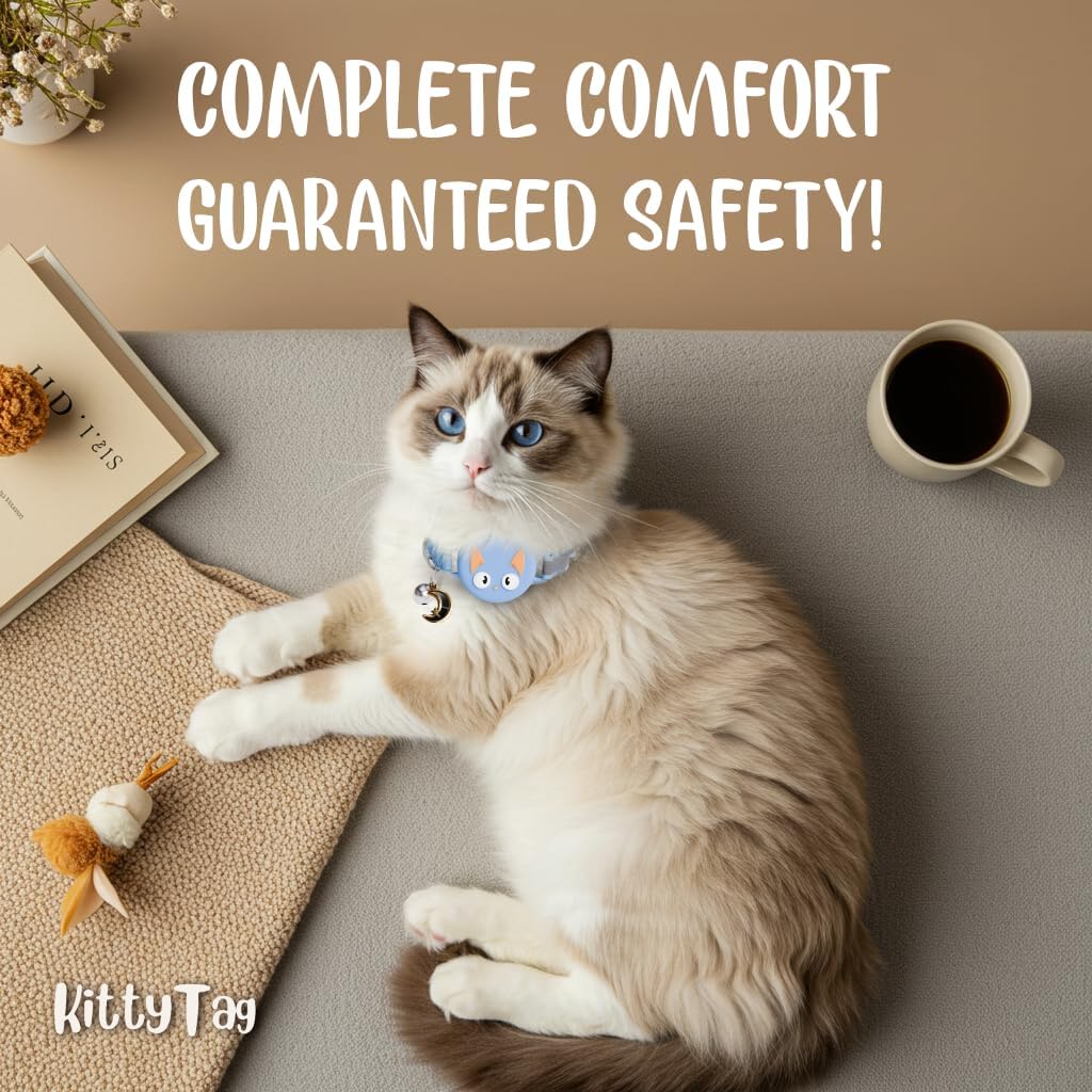 Cat wearing a collar with a tag, lying on a couch next to a coffee cup and toy, with text 'Complete comfort guaranteed safety!' and 'KittyTag' branding at Pet Servo