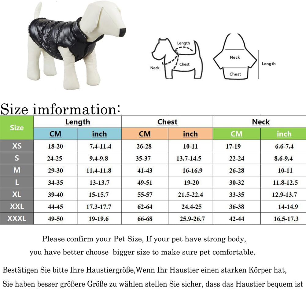 Dog wearing a black coat with size chart and measurement guide on a white background at Pet Servo
