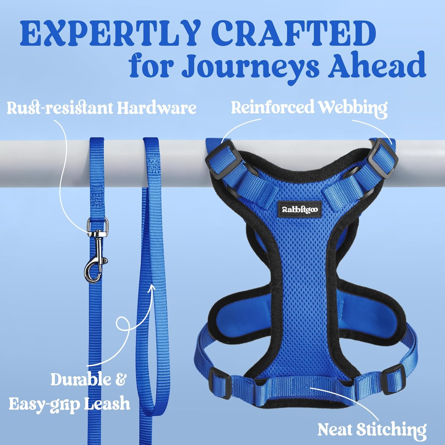 Blue dog harness and leash set with text highlighting features on a light blue background