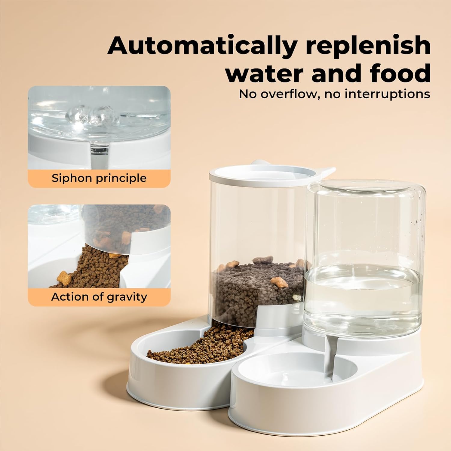 Pet feeding and water station with siphon principle and gravity action on a beige background at Pet Servo