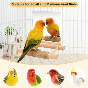 Two parrots on a wooden perch with text indicating suitability for small and medium-sized birds, and images of different bird breeds at Pet Servo