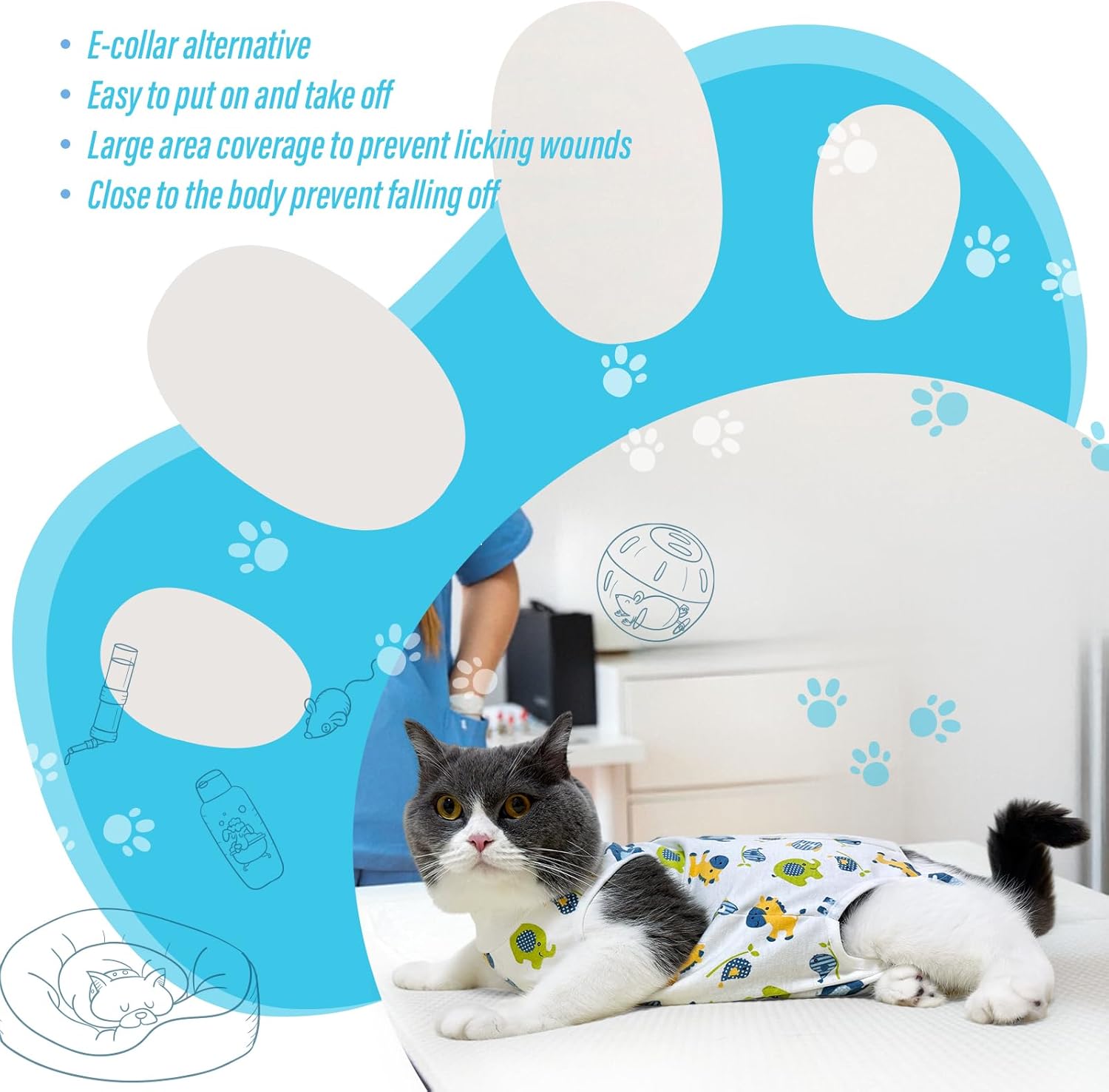 Cat wearing a e-collar alternative product with paw-shaped blue and white design at Pet Servo